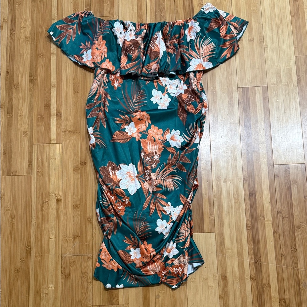 Off-Shoulder Floral Midi Dress in Teal and Coral